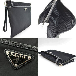 Prada leather logo triangle metal Clutch silver black Shoulder bag